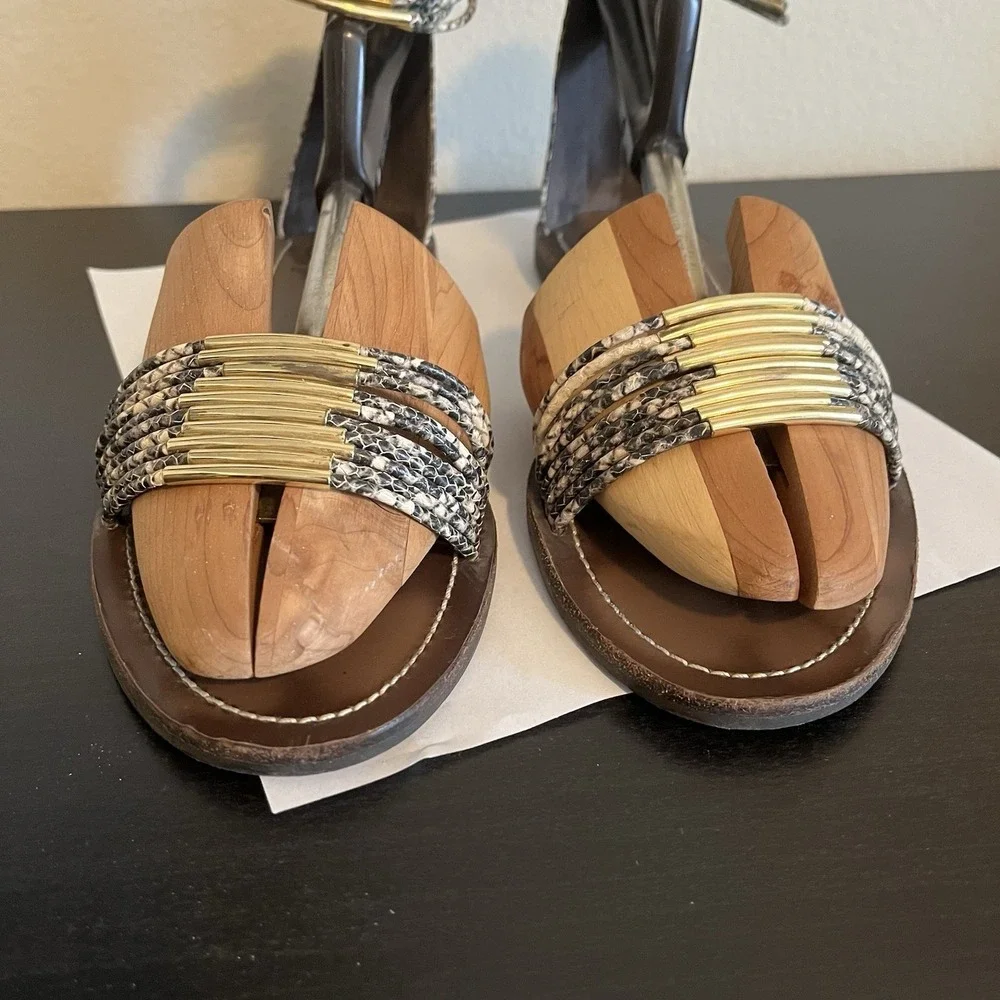Tory Burch Mignon Rings Snake Print  Leather Sandals Ankle Strap Womens 11 Chic